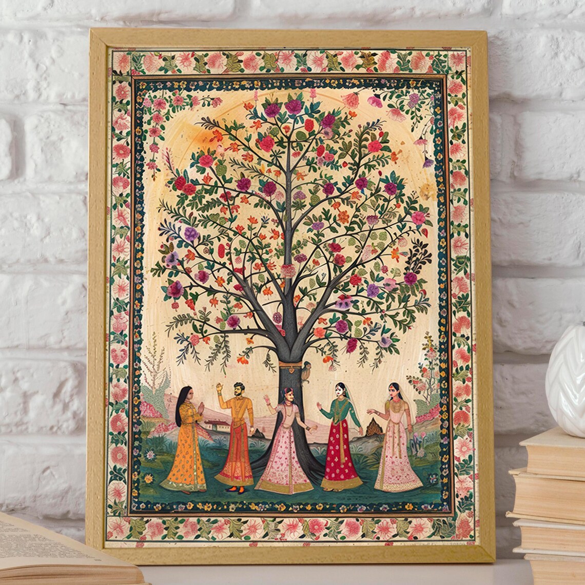 Indian Pichwai Women Under Tree Art Print, Traditional - Image 2