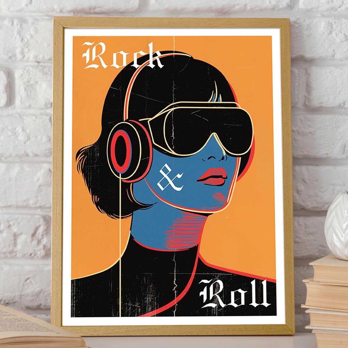 Rock and Roll Headphones Woman Orange Pop Art Music Room Poster - Image 2