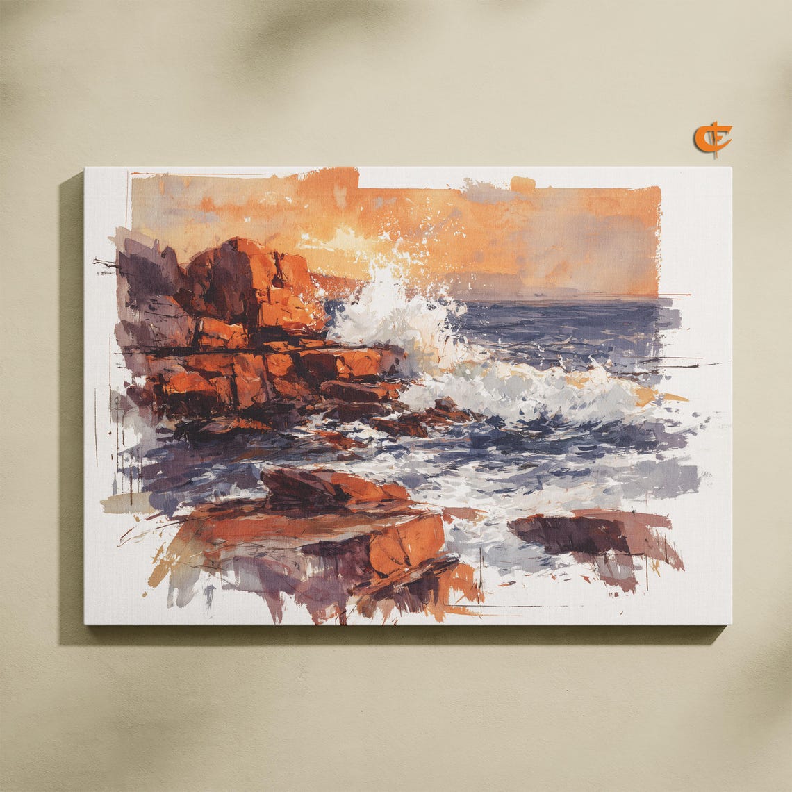 Rocky Shoreline Golden Hour Waves Watercolor Coastal Scene Poster