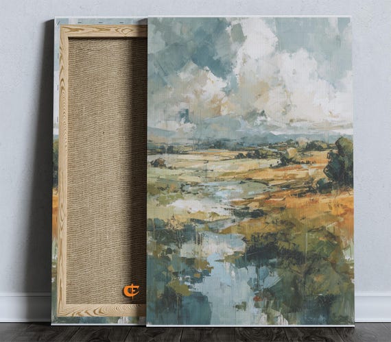 Rustic Abstract Watercolor Landscape Earthy River Scene Vintage Pastoral Wall Art Country Decor Cloudy Skies Painting 881