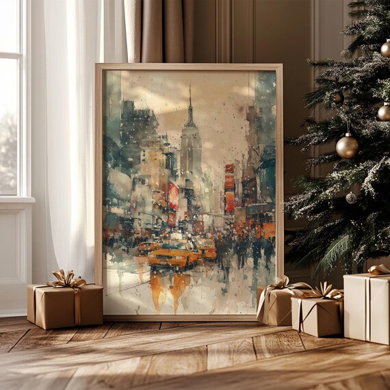 Winter New York City Snowy Street Yellow Cabs Watercolor Poster
