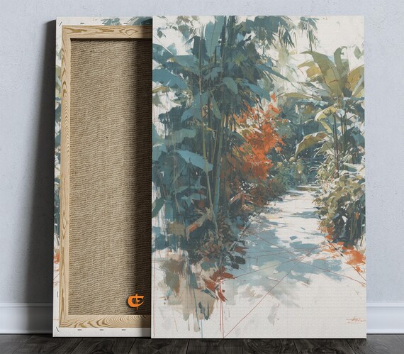 Lush Sunlit Bamboo Grove Path Watercolor Tropical Garden Art Print