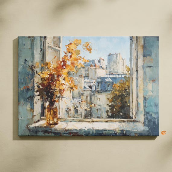 Parisian Window View With Autumn Foliage Rustic Oil Painting Vintage Cityscape Wall Art Camille Pissarroinspired Decor 715