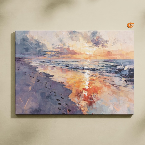 Watercolor Beach Sunset with Footprints on Glowing Sand Poster
