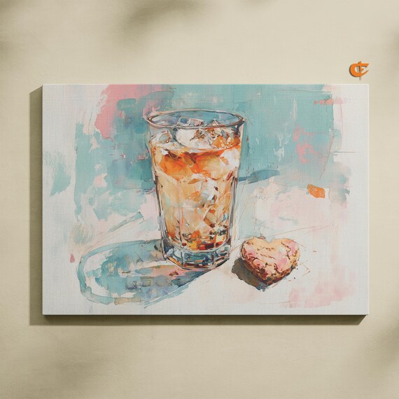 Iced Tea Glass With Heart Cookie Watercolor Cafe Kitchen Wall Art