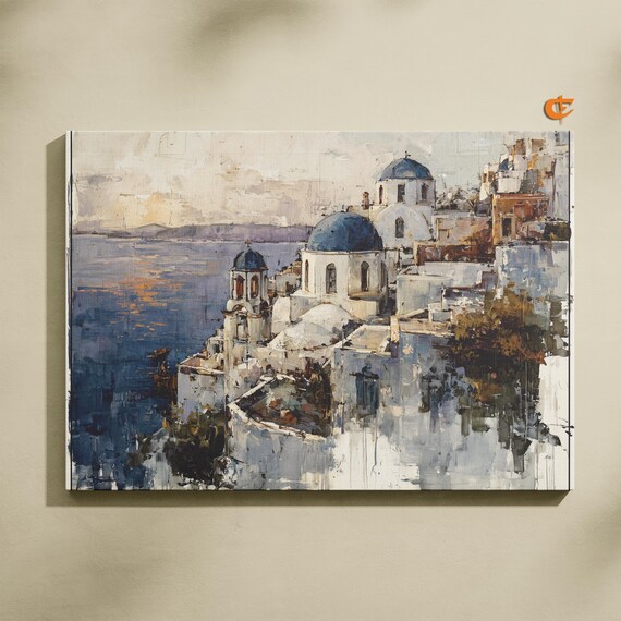 Santorini Greece Wall Art Coastal City Print Mediterranean Island Decor Blue Dome Ocean View Canvas Sunset Landscape Seaside Travel 1314
