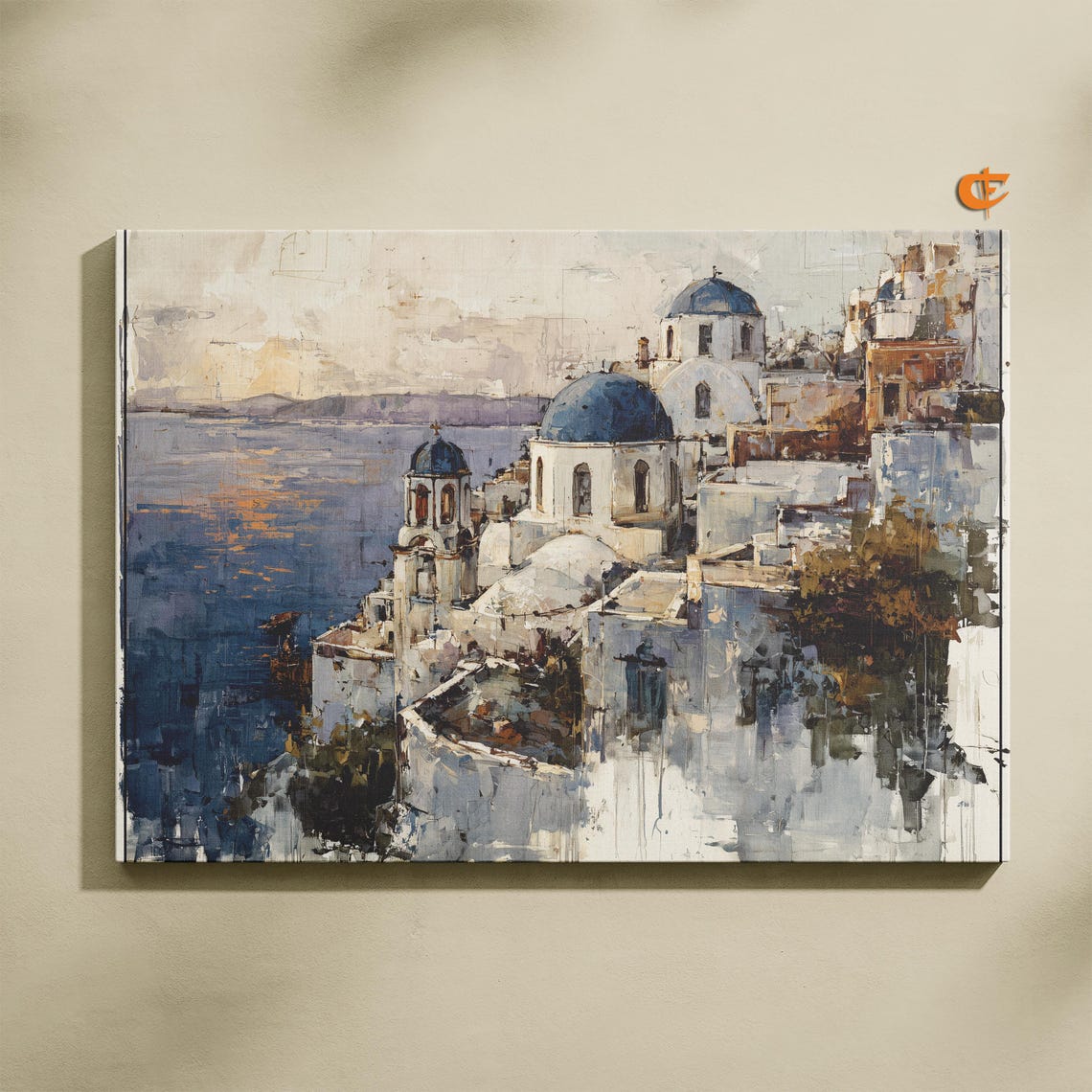 Santorini Blue Domes Whitewashed Cliffside Town Impressionist Poster