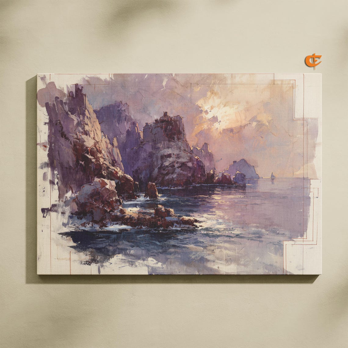 Sea Cliffs at Sunset Pastel Watercolor Ocean Rock Formation Print