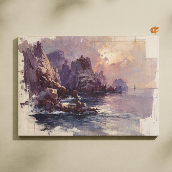 Sea Cliffs at Sunset Pastel Watercolor Ocean Rock Formation Print