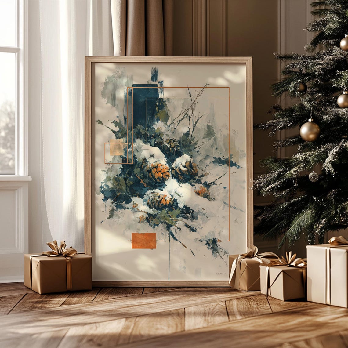 Winter Snowy Pine Tree Branches Abstract Modern Holiday Poster