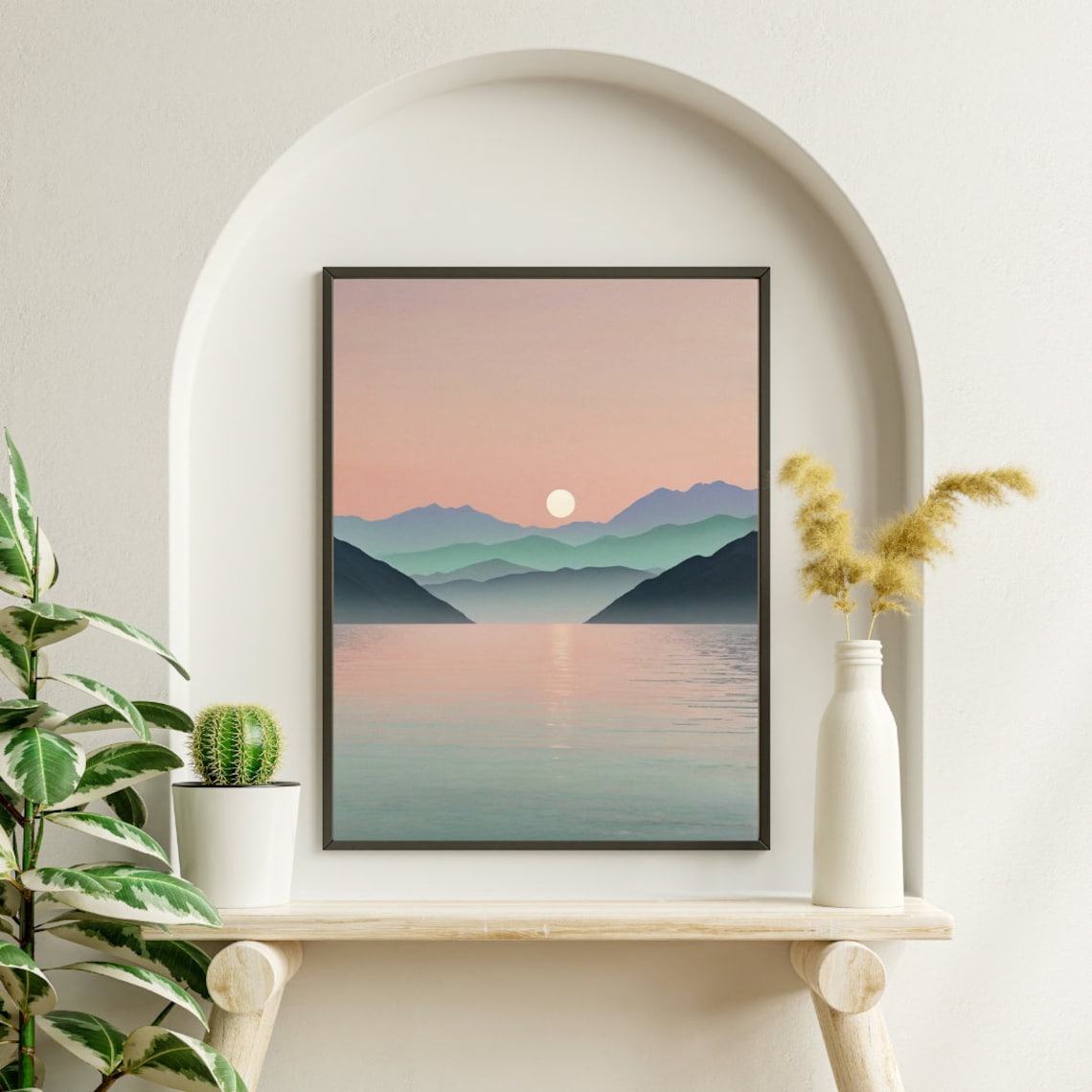 Pastel Sunset Over Layered Mountains Calm Lake Landscape Print - Image 2