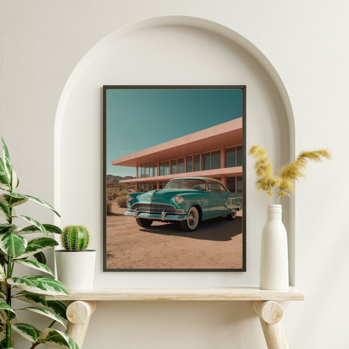 Vintage Turquoise Classic Car Desert Mid Century Modern Photo Poster - Image 2