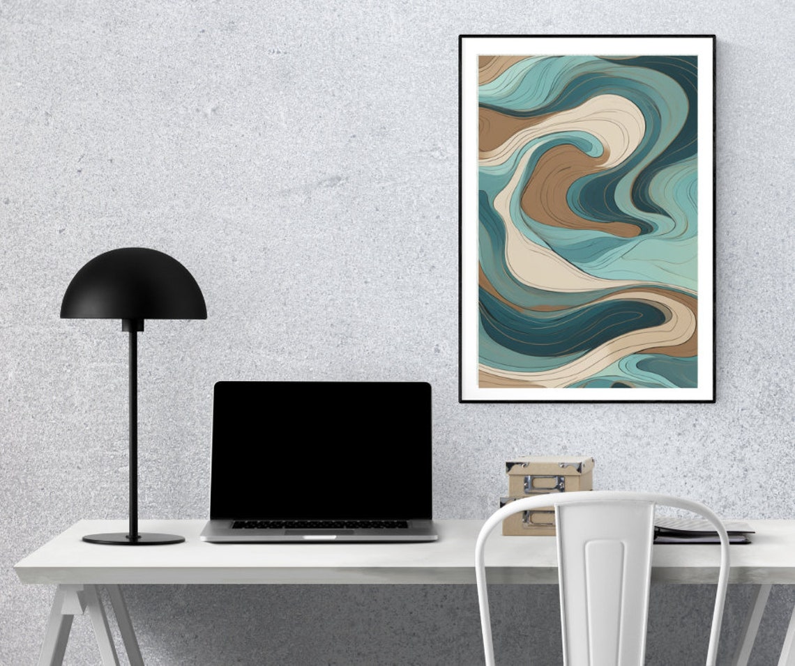 Teal Earth Tones Flowing Marble Wave Modern Abstract Calm Wall Art - Image 2