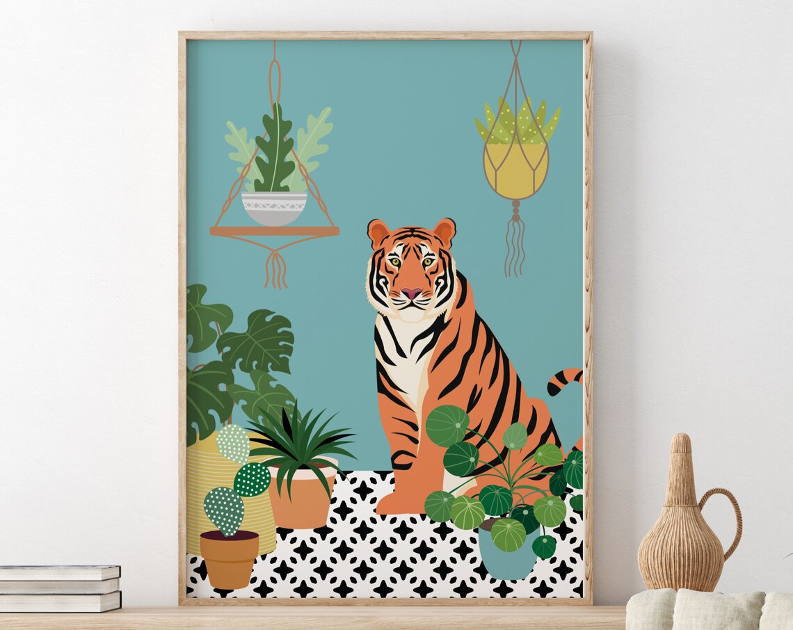 Boho Tiger Among Potted Plants Colorful Animal Wall Decor Poster
