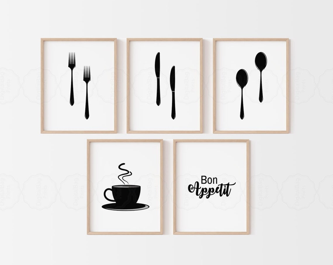 Set of 5 Kitchen Wall Decor Bon Appetit Cutlery Coffee Cup Poster