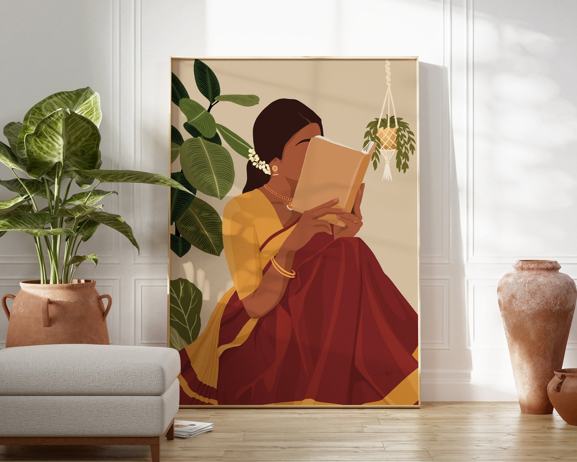 Indian Women In Saree Reading Book Art Boho Art Desi Art Indian Book Lovers Wall Art South Asian Art Indian Art Tamil Girl Brown Girl - Image 4