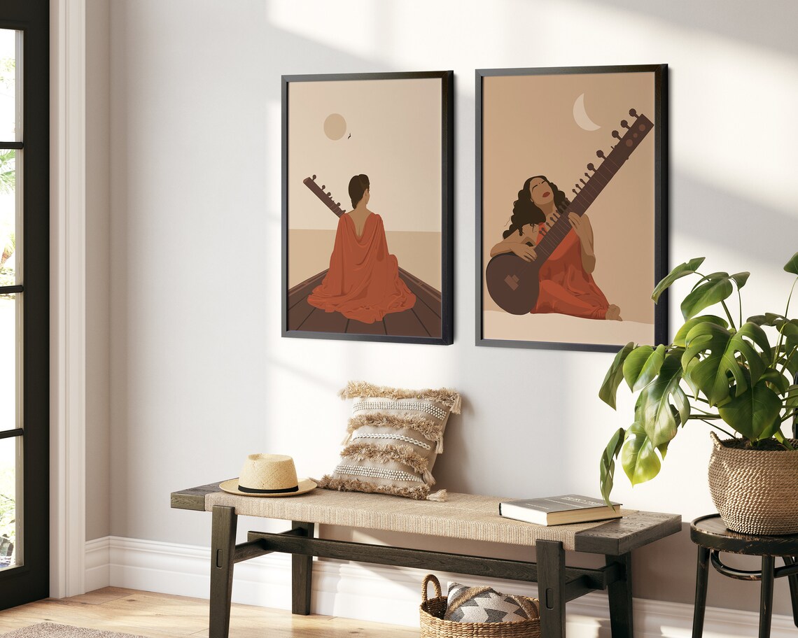 Indian Woman Playing Sitar Art, Desi Music Print - Image 3