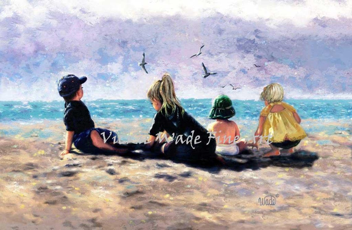 Four Children Sitting on the Beach Watching the Ocean Poster