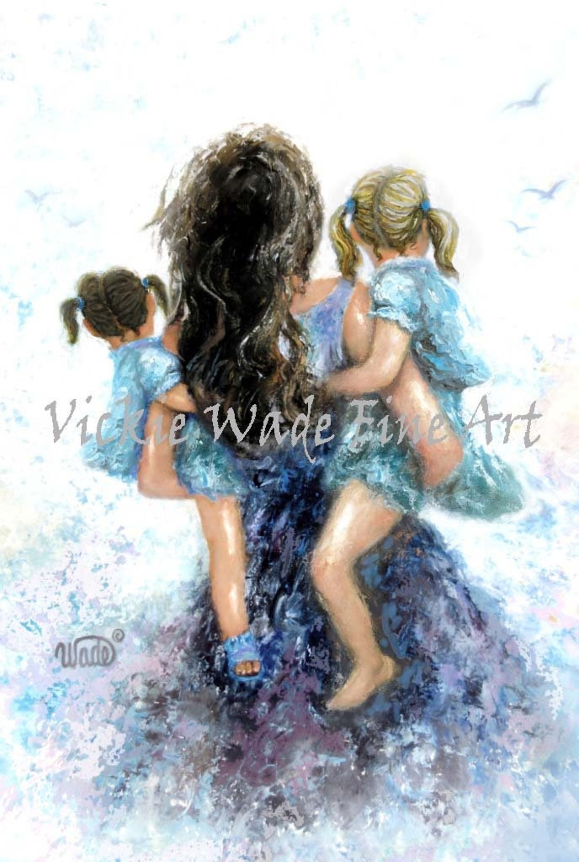 Brunette Mother Carrying Two Daughters at the Ocean Beach Poster