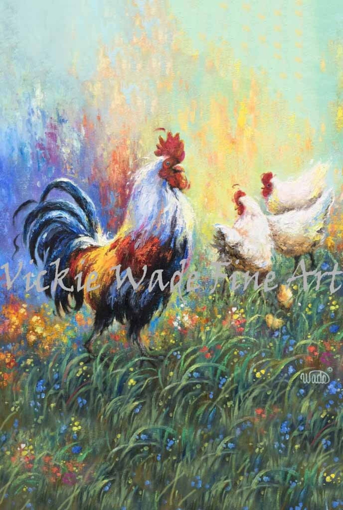 Rooster with White Hens in a Colorful Wildflower Meadow Poster