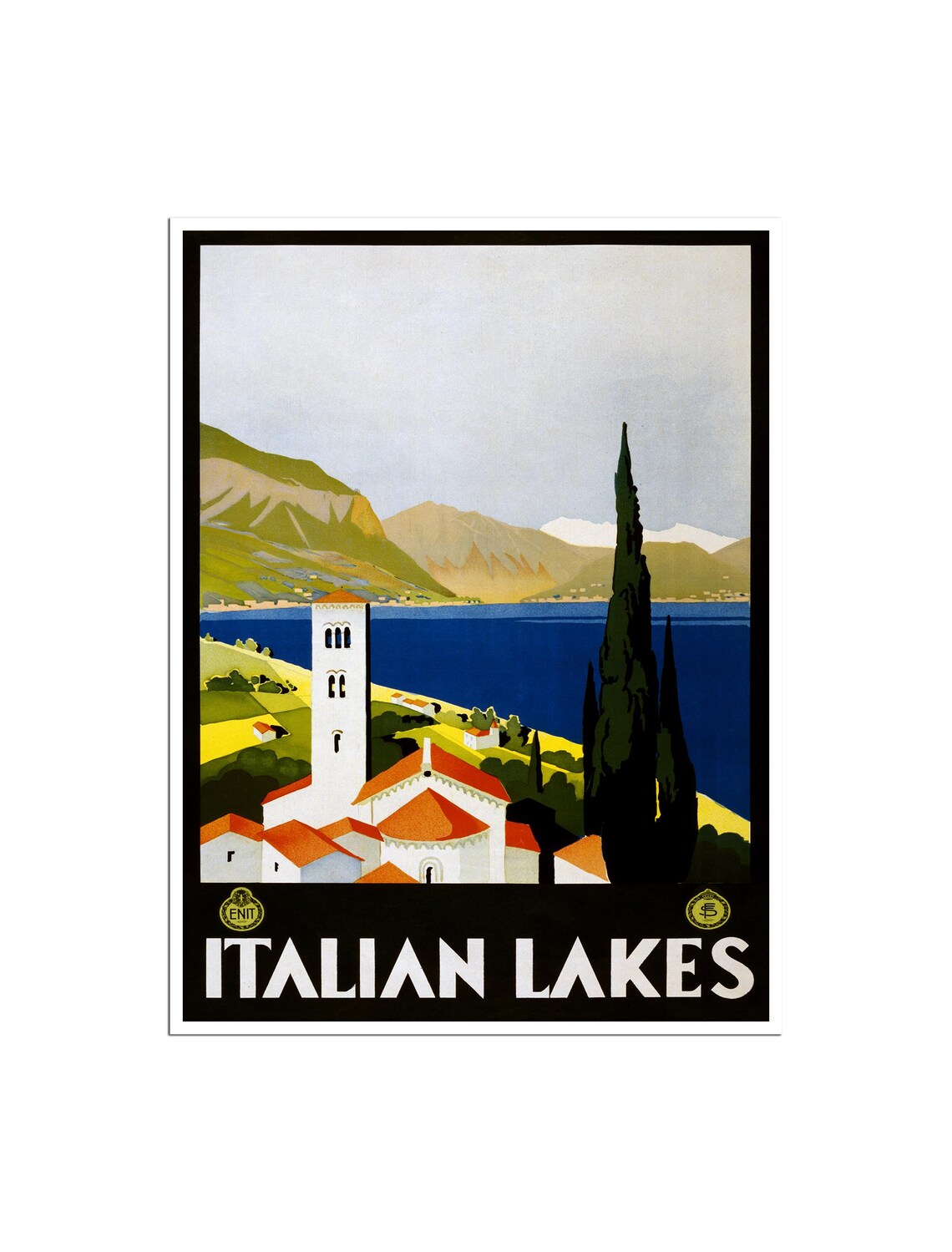 Italian Lakes Vintage Travel Poster Church Bell Tower Cypress Lake