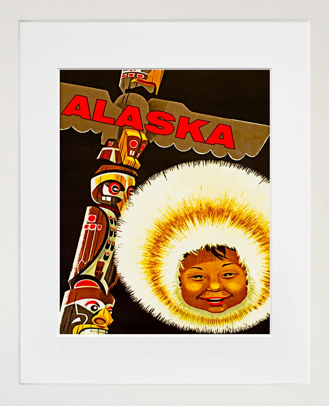 Alaska Inuit Child Fur Hood Totem Pole Vintage Travel Poster