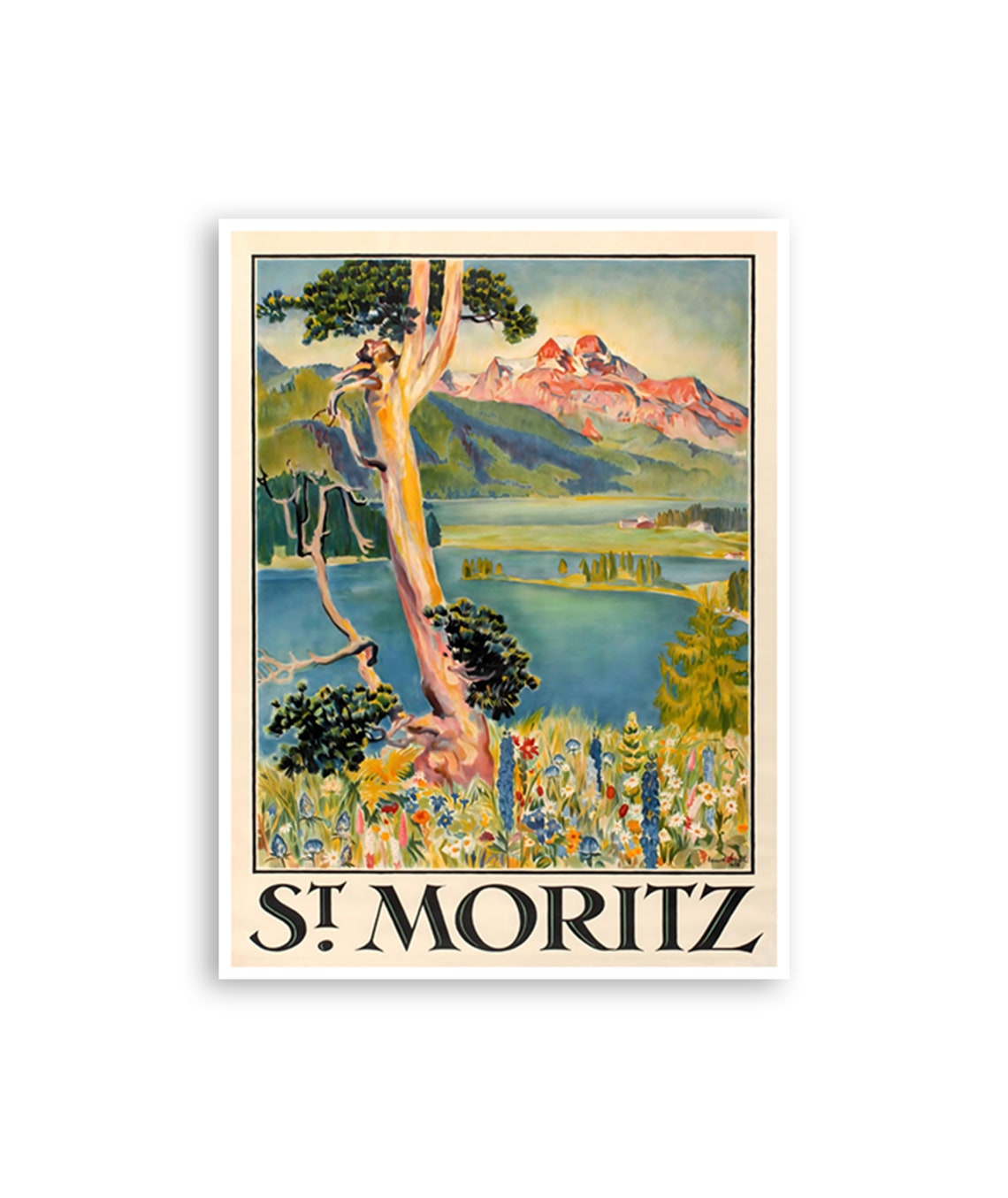St Moritz Switzerland Alpine Lake Wildflowers Vintage Travel Poster