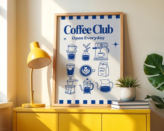 Coffee Club Open Everyday Blue Espresso Icons Retro Kitchen Poster