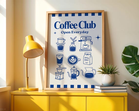 Retro Coffee Club Print Funny Kitchen Wall Art Cafe Decor Bar Modern Artwork Poster
