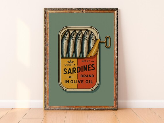 Sardine Tin Illustration Vintage Kitchen Seafood Retro Art Poster