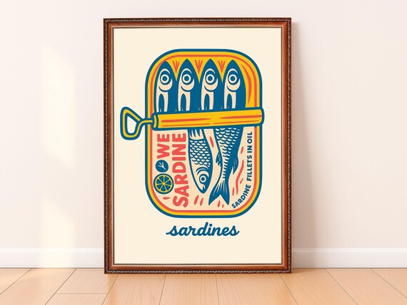 Print Sardines Wall Art Fish Retro Decor Kitchen Home Gift Housewarming For Her Ocean Theme