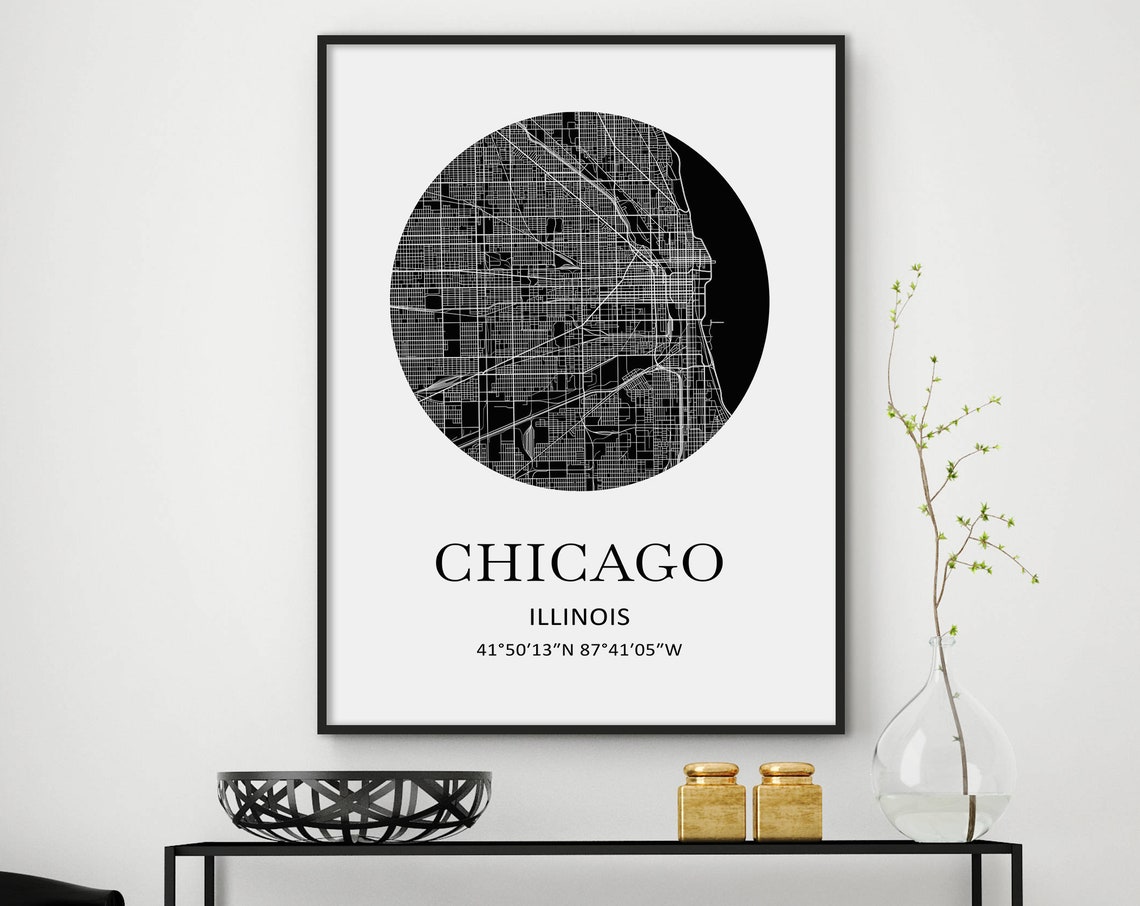 Chicago Illinois Circular Street Map Coordinates Black Poster