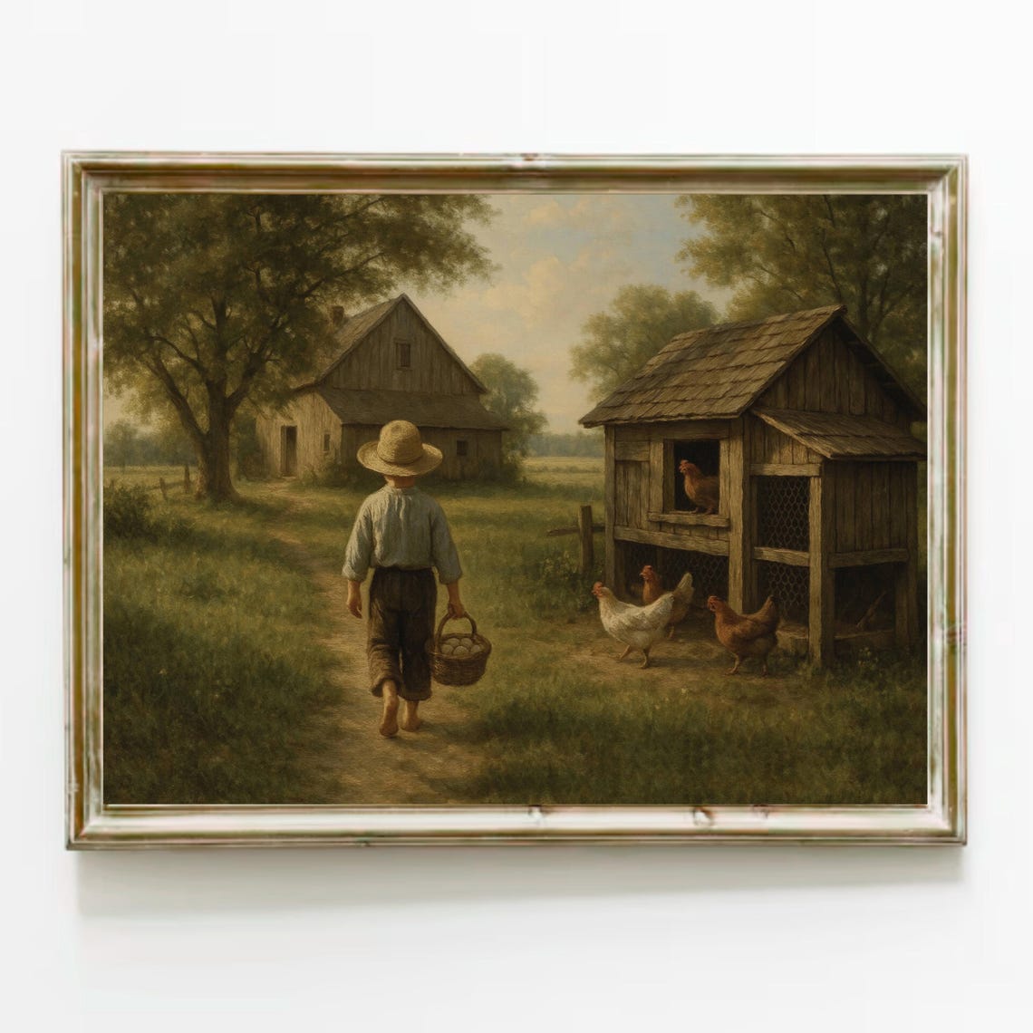 Boy Feeding Chickens at a Rustic Farmhouse Nostalgic Vintage Poster