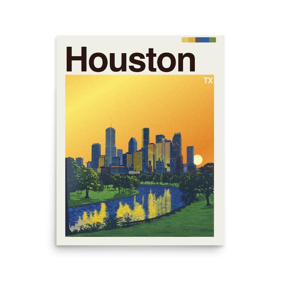 Houston Texas Sunset Skyline With Bayou Reflection Travel Poster