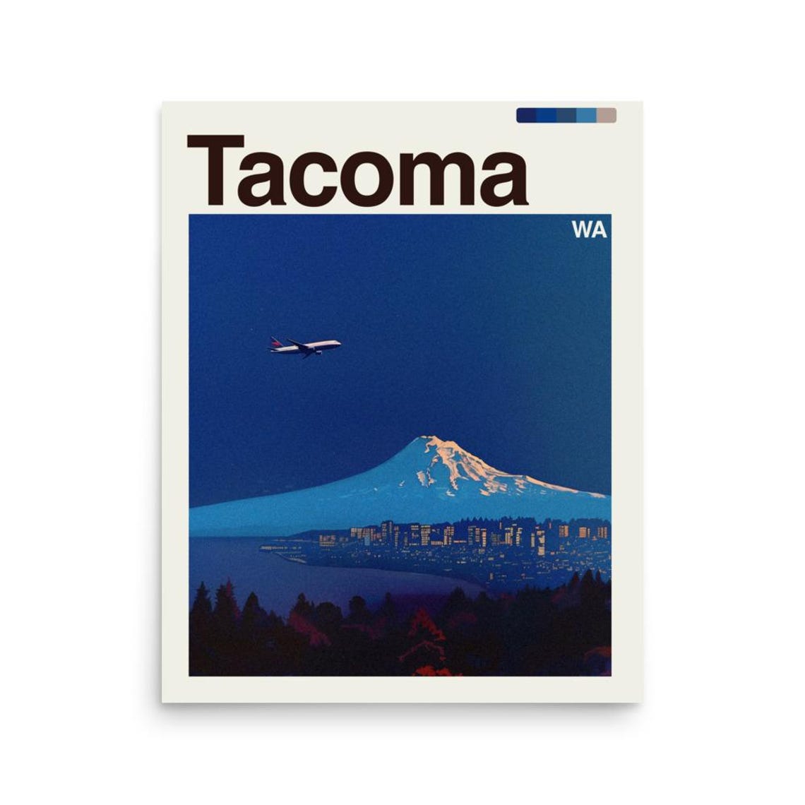 Tacoma Washington Night Snow Mountain Airplane Travel Poster