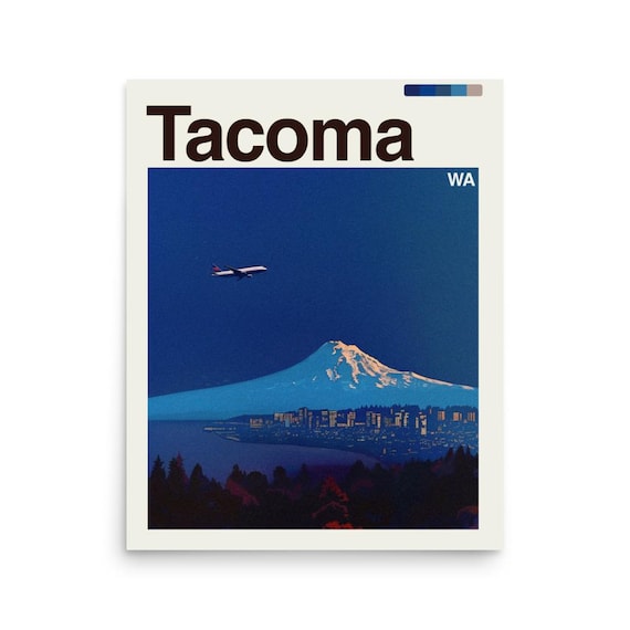 Tacoma Washington Night Snow Mountain Airplane Travel Poster
