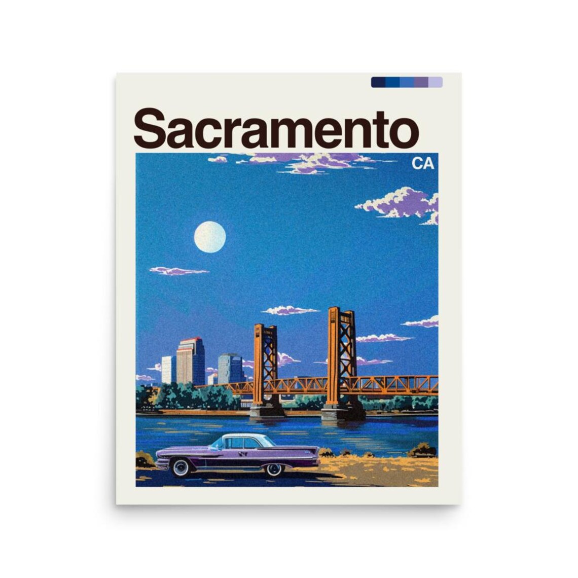Sacramento California Tower Bridge Moonlit Classic Car Travel Poster