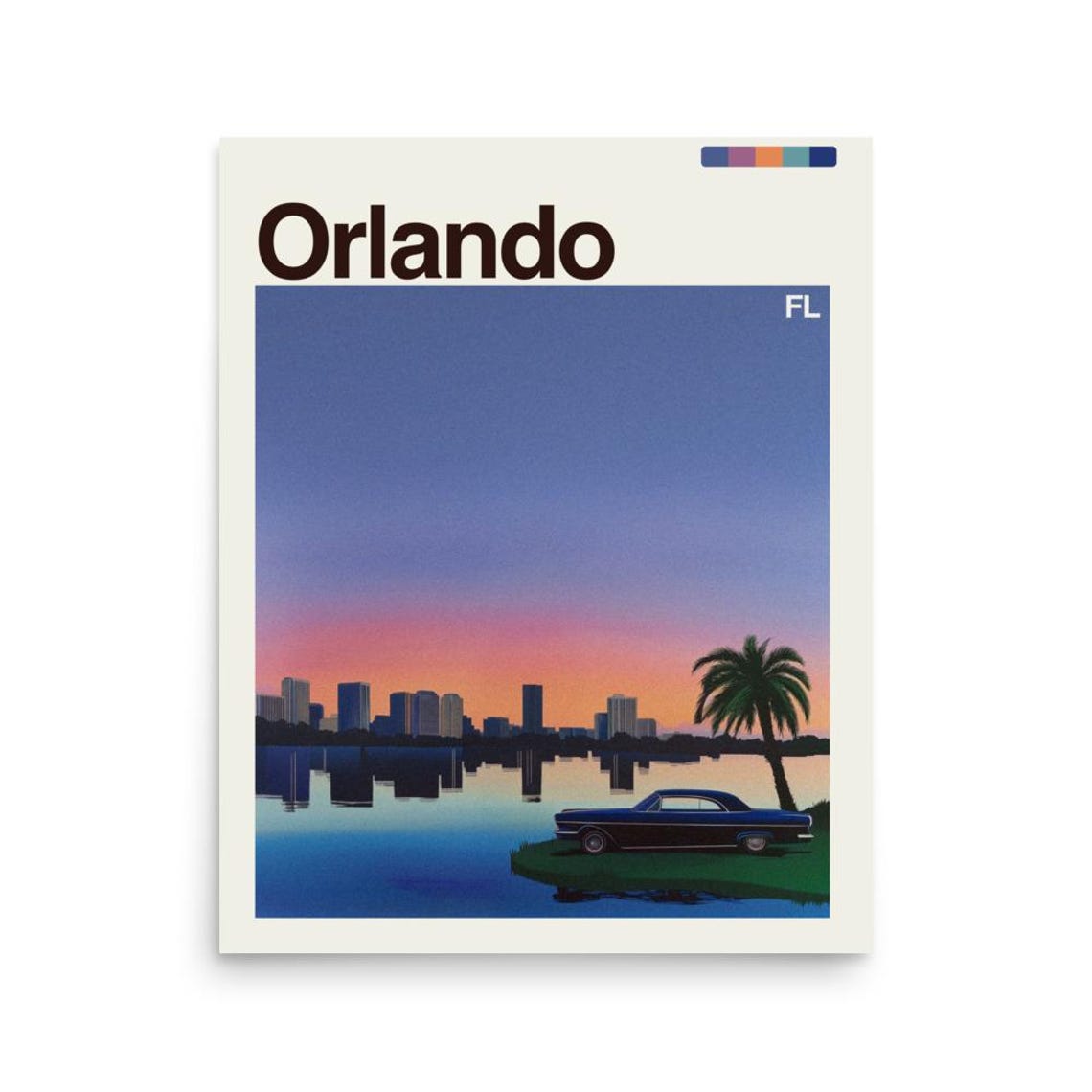 Orlando Florida Sunset Skyline Lake Classic Car Palm Tree Poster
