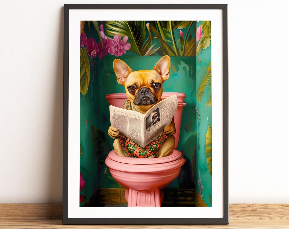 Fawn French Bulldog Sitting On Toilet Print Bathroom Wall Decor Toilet Wall Art Bathroom Wall Art French Bulldog Prints Funny Dog Poster - Image 4