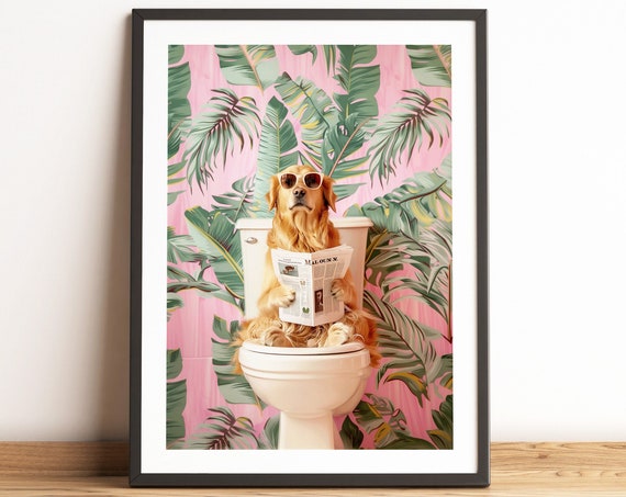 Golden Retriever Reading On Toilet Bathroom Print Bathroom Decor Toilet Wall Art Golden Retriever Mom Bathroom Wall Art Funny Dog Poster