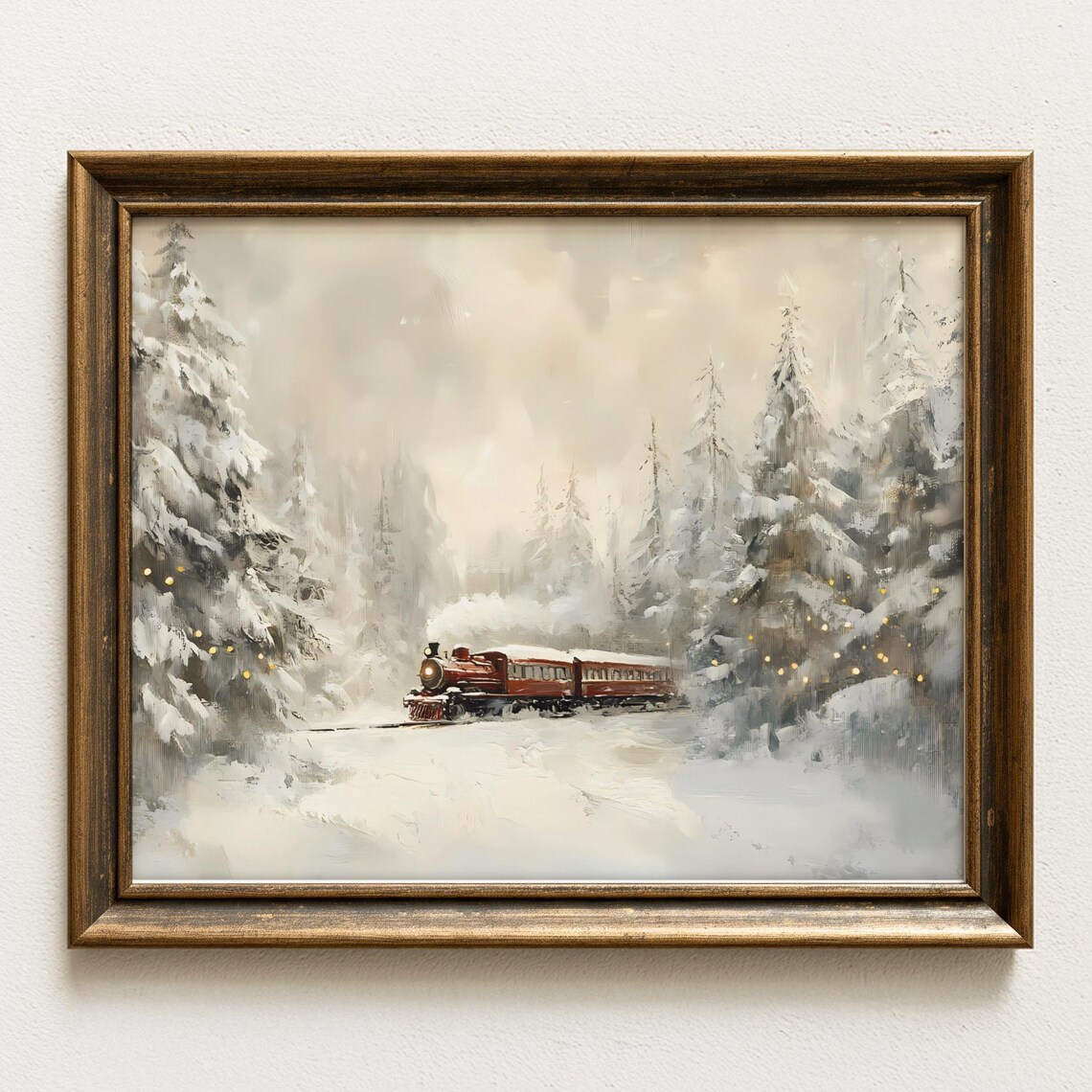 Vintage Christmas Train Winter Snow Landscape Art Print
