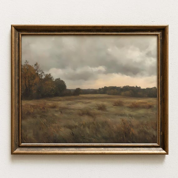 Moody Field Landscape Wall Art Rustic Farmhouse Nature Scene Vintage Style Stormy Sky Country Decor