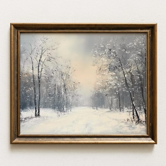 Winter Landscape Wall Art Snowy Forest Painting Rustic Cabin Decor Neutral Scene Print