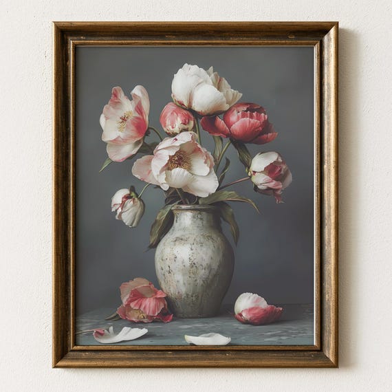 Peony Wall Art Floral Bouquet In Vase Vintage Botanical Artwork Moody Flower Print Romantic Elegant Home Decor