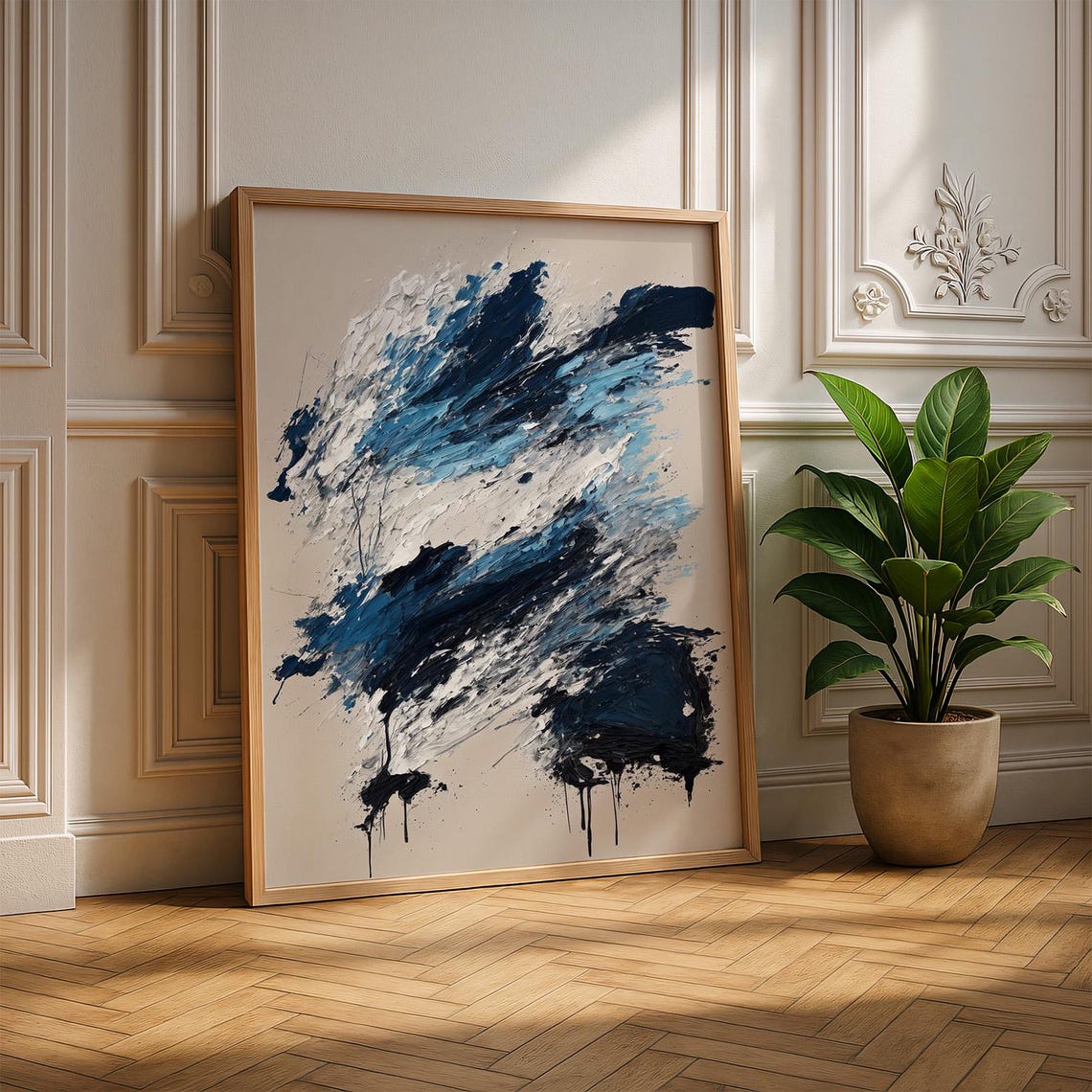 Navy Blue Abstract Expressionist Brushwork Bold Modern Art Print