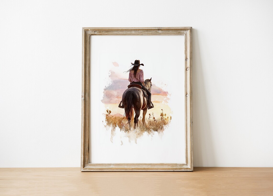 Cowgirl Riding Horse at Sunset Watercolor Western Scene Poster