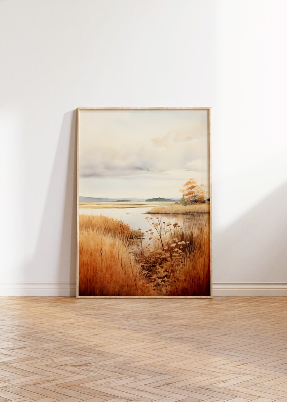 Golden Autumn Marsh Wetland Watercolor Serene Nature Landscape Poster