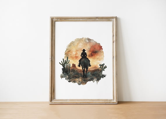 Western Cowboy Art Print Southwestern Desert Wall Riding Horse Sunset Cactus Illustration