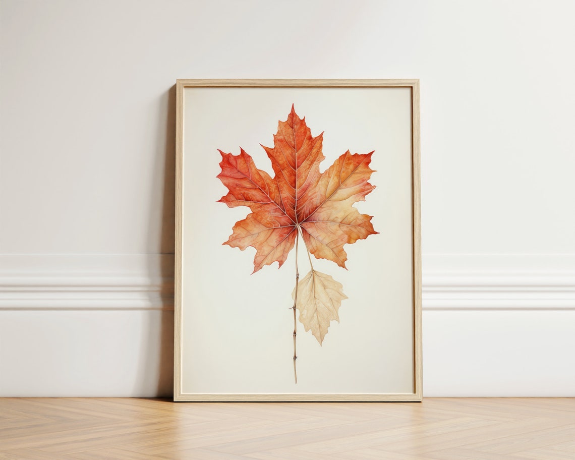 Red Maple Leaf Botanical Watercolor Minimalist Fall Fine Art Poster