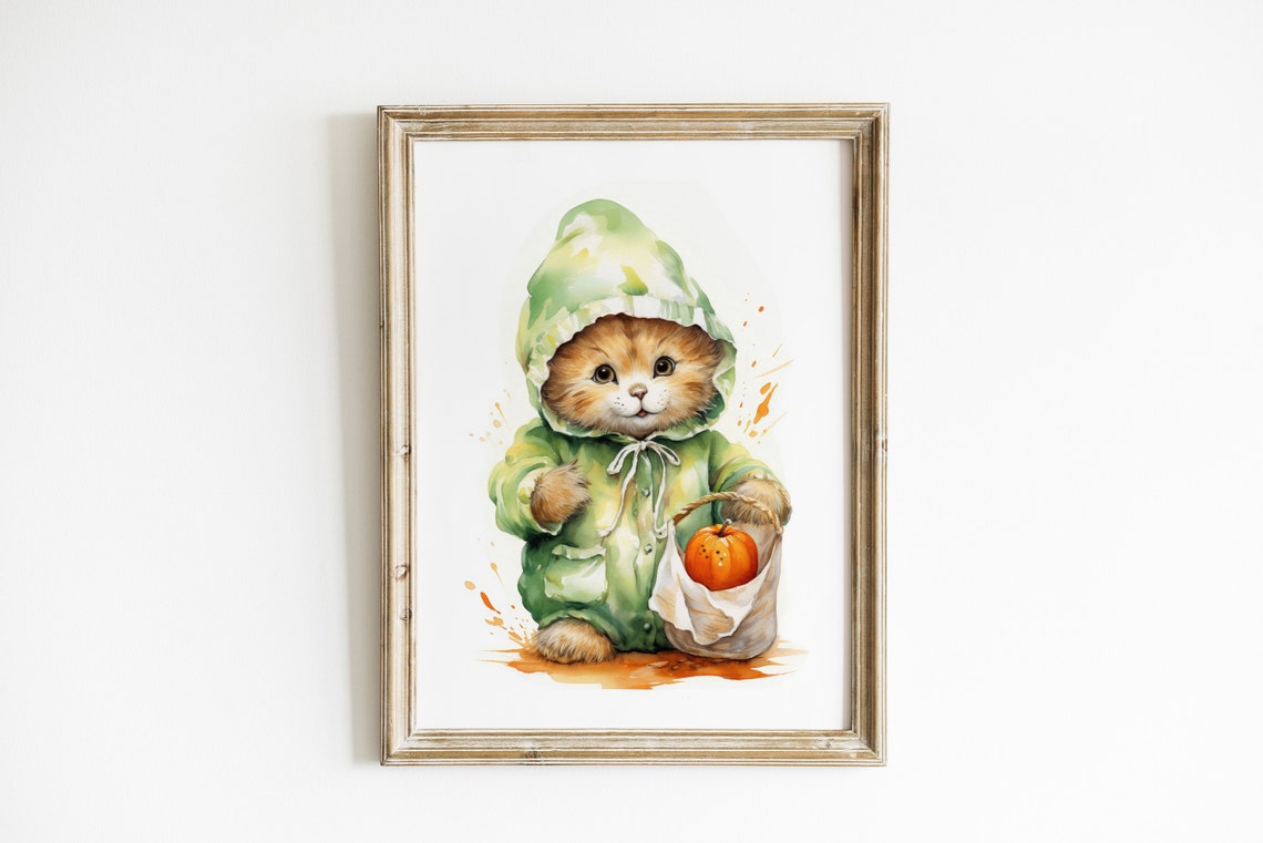 Halloween Cute Kitten Trick Or Treat Wall Art Kids Decor Room Gift For Nursery